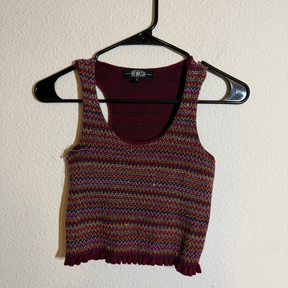 Rewash Womens Knit Crop Tank Top Multi Color‎ Zigzag Racerback Ruffle Hem Small